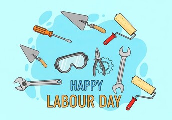 Happy labour day celebration with assorted construction and repair tools artfully arranged