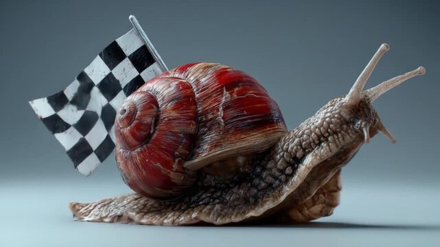 A snail beside a checkered flag on a smooth surface, dramatic lighting, macro focus. With soft blur