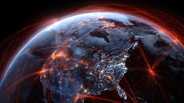 Illuminated depiction of planetary surface showing continent outlines and vibrant global network connections at night - Powered by Adobe