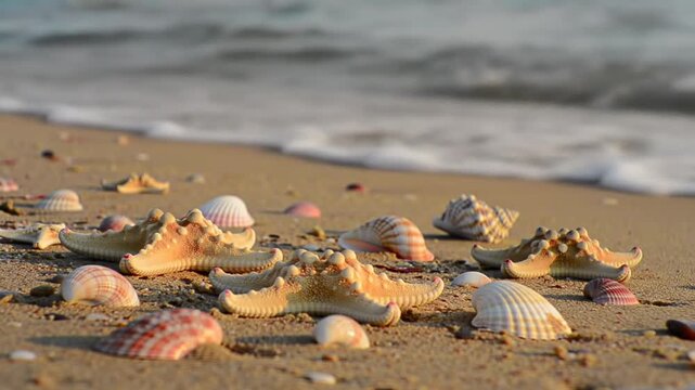 Close-up view of starfish and seashells scattered on sandy beach with a blurred ocean in the background