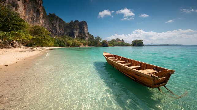 Wooden boat rests in shallow turquoise water beside a tropical beach and towering limestone cliffs. - Powered by Adobe