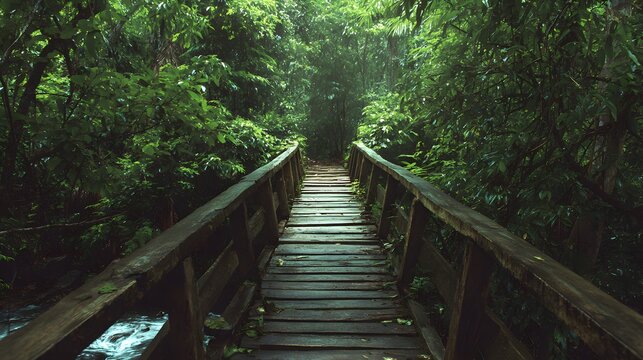 Wooden footbridge spans a waterway through a dense, humid jungle environment - Powered by Adobe