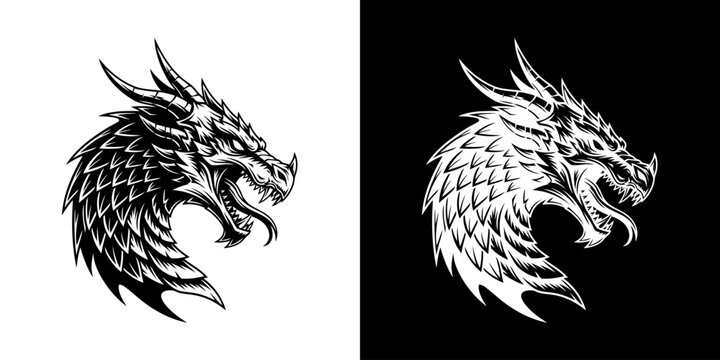 Black and white dragon heads on contrasting