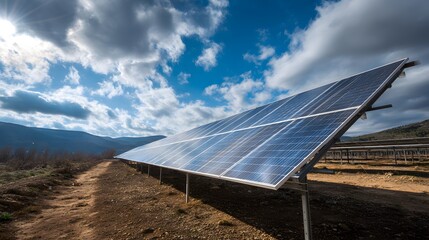 Ground mounted photovoltaic panels absorb bright sunlight in an open field setting