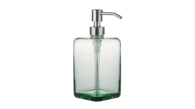Clear glass soap dispenser with a metallic pump mechanism and green liquid inside isolated on transparent background
