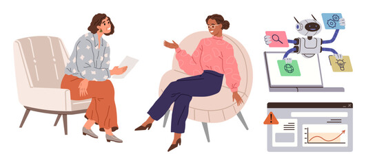 Two women converse seated in chairs, while a robot performs multitasking with AI tools and a digital interface showcasing analytics and alerts. Ideal for teamwork, AI, innovation, productivity, data