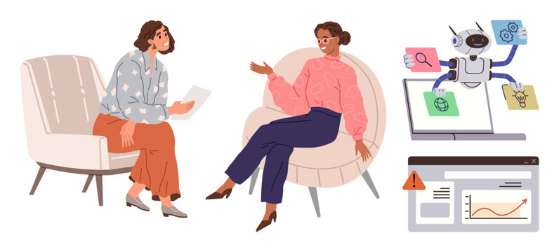 Two women converse seated in chairs, while a robot performs multitasking with AI tools and a digital interface showcasing analytics and alerts. Ideal for teamwork, AI, innovation, productivity, data
