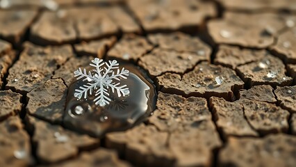 geophysics. Macro view of a single, delicate snowflake melting on dry, cracked earth, symbolizing climate fragility. ESG reports.