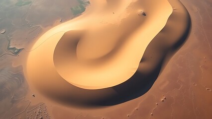 sinuous. A stunning aerial view from space of a massive, sinuous sand dune resembling a slug, dramatically cutting through a textured floodplain landscape. travel magazines.