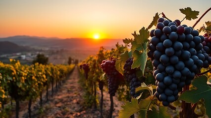 topboots. Sunset over a Piedmont vineyard with ripe nebbiolo grapes under golden hour light. inspiring travel planning, travel magazines, designed for travel destination branding, drives exploration.