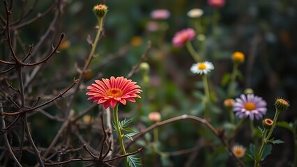 imprecise. A lone vibrant flower blooms among thorny bushes in a serene morning garden. gardening catalogs, home-decor guides, designed for gardening and botanical catalogs.