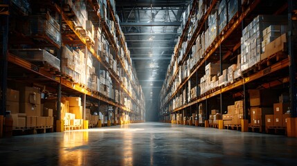 Fototapeta premium Tall storage racks filled with packaged goods line a wide aisle inside a vast industrial facility