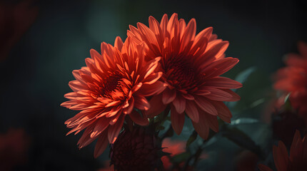 Red and orange dahlia flowers in a colorful garden bloom