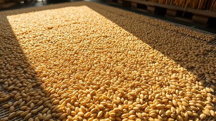 foolishness. Barley grains drying on a mat under soft, natural sunlight. menu design, packaging mockups, designed for culinary blogs and recipe cards for restaurants, used by account managers.