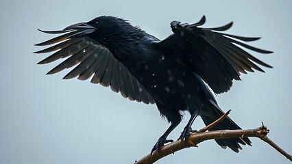 hubris. A rain-soaked crow shaking its wings on a branch with water droplets flying. wildlife magazines, conservation campaigns, designed for wildlife conservation campaigns, celebrates biodiversity.