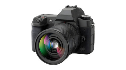 Fototapeta premium Professional digital slr camera with a wide angle lens showing colorful reflections isolated on transparent background