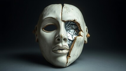 plasm. A broken ceramic mask reveals a metallic surface beneath, symbolic contrast in studio lighting. event programs, museum guides, designed for cultural heritage projects and event programs.