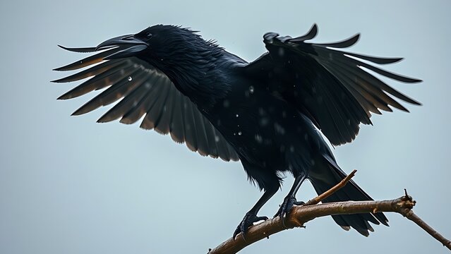 hubris. A rain-soaked crow shaking its wings on a branch with water droplets flying. wildlife magazines, conservation campaigns, designed for wildlife conservation campaigns, celebrates biodiversity.