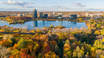 Obraz premium Aerial photography of water and forest with vibrant colorful autumn foliage at Normandale Lake, Bloomington, Minnesota