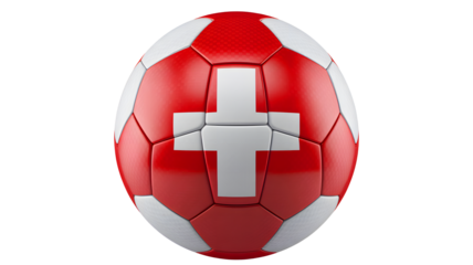Classic swiss flag soccer ball with red and white panels and a prominent white cross isolated on transparent background