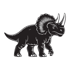 Fototapeta premium Black silhouette Triceratops dinosaur with three horns, large frill, prehistoric animal illustration, Jurassic wildlife, vector graphic, isolated design, ancient creature profile, fossil era