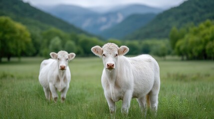 Obraz premium Two Fluffy White Calves Standing in a Vibrant Green Pasture Surrounded by Rolling Hills Under a Cloudy Sky