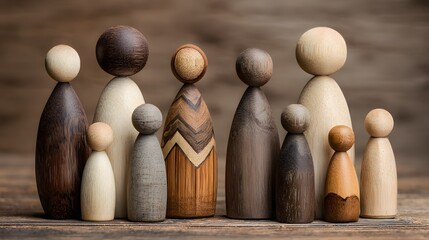 Group of diverse wooden figures stand together on a textured wooden surface