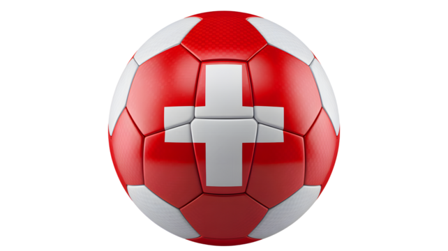 Classic swiss flag soccer ball with red and white panels and a prominent white cross isolated on transparent background