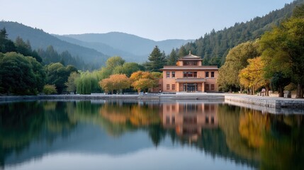 Fototapeta premium Serene Tibetan Style Palace Reflecting In A Calm Lake Surrounded By Lush Green Trees And Rolling Mountains Under Clear Daylight Sky