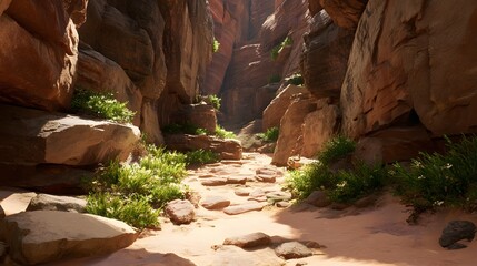 Sunlight illuminates a narrow canyon path bordered by massive stratified rock formations and bright green vegetation
