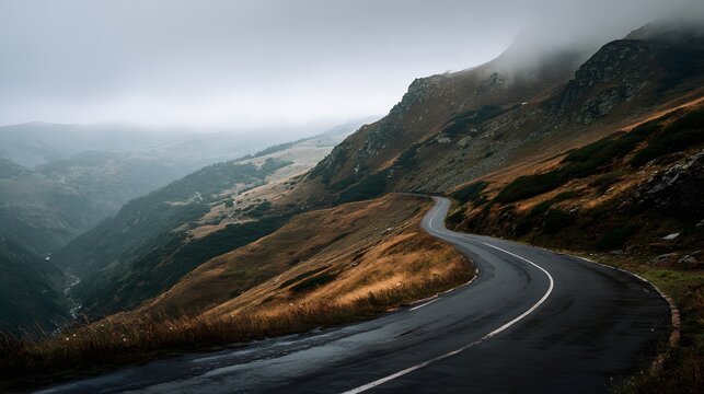 Winding asphalt road traverses steep mountainside under heavy cloud cover
