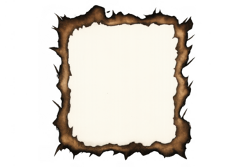 Burnt paper frame with charred edges and distressed texture, creating an old antique effect on a transparent background