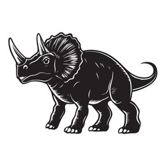 Fototapeta premium Black silhouette Triceratops dinosaur with three horns, large frill, prehistoric animal illustration, Jurassic wildlife, vector graphic, isolated design, ancient creature profile, fossil era