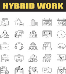 Hybrid Workforce Icons Pack — Remote, Digital, and Office Work Outline Symbols.