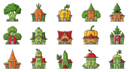 Creative Black Outline Colorful Illustration of Vegetable Buildings, Unique Architecture Pictogram Icons