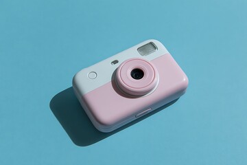 Pink and White Toy Camera on a Blue Background with Hard Shadow