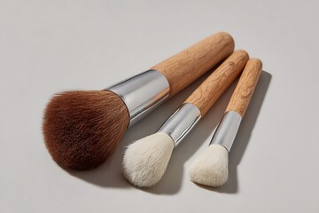 Set of Professional Makeup Brushes with Wooden Handles on a White Background