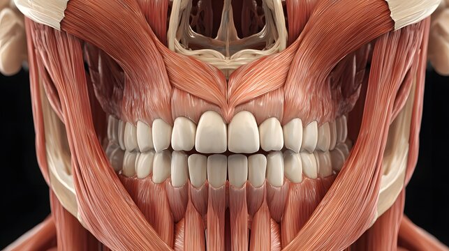 Detailed anatomical view exposes the structure of human masticatory muscles and dental alignment