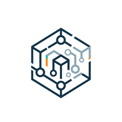 Abstract Hexagon with Circuit Board Pattern and Central Cube.