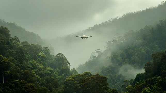 Large passenger aircraft descends through misty mountain valley covered with dense foliage