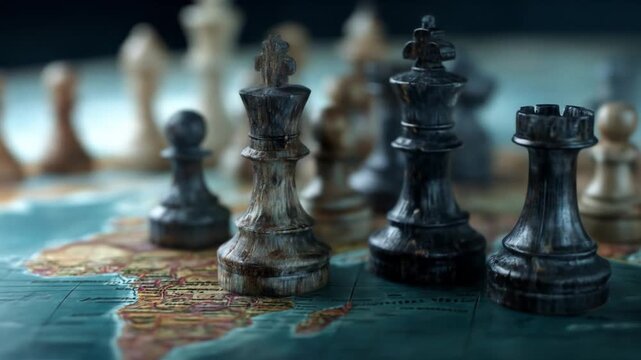 Weathered chess pieces stand on a world map, evoking strategic, global confrontation. Across border