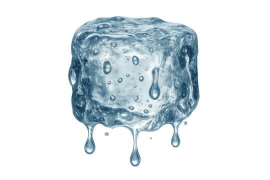 Ice cube melting and dripping water, cold transparent block with bubbles, refreshing frozen element on transparent background