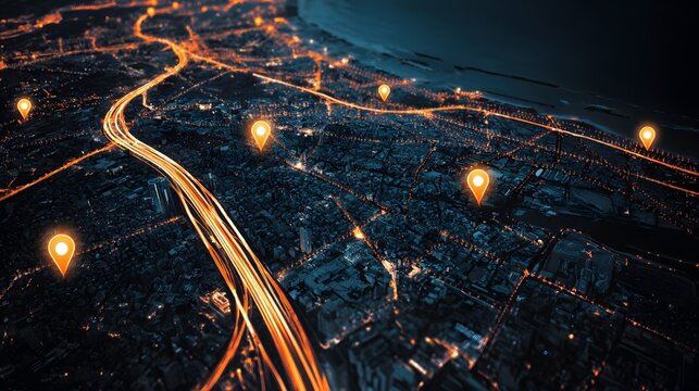 Illuminated urban sprawl displays glowing navigation points over a wide expanse of illuminated roadways.
