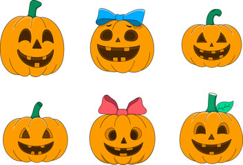 Cute Halloween Pumpkin Icon Set with Smiling Faces