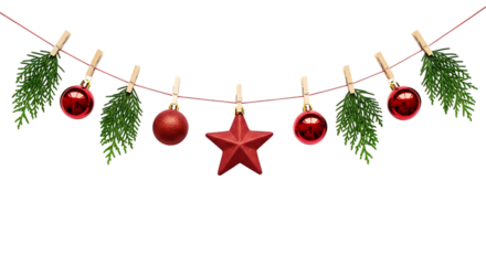 Festive christmas decorations including red baubles, a star ornament, and green fir branches hanging on a string, isolated on transparent background