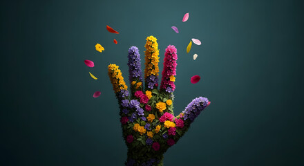 Human hand growing colorful flowers, artistic surreal concept