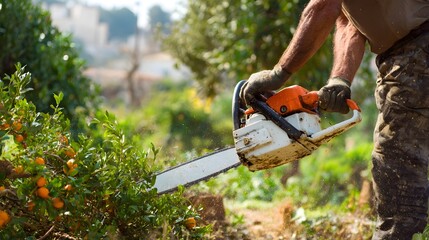 Person wearing gloves operates a cutting tool near fruit bearing foliage outdoors