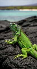 Fototapeta premium Vibrant Green Iguana Reptile Resting on Dark Volcanic Rock Near Tropical Ocean Waters