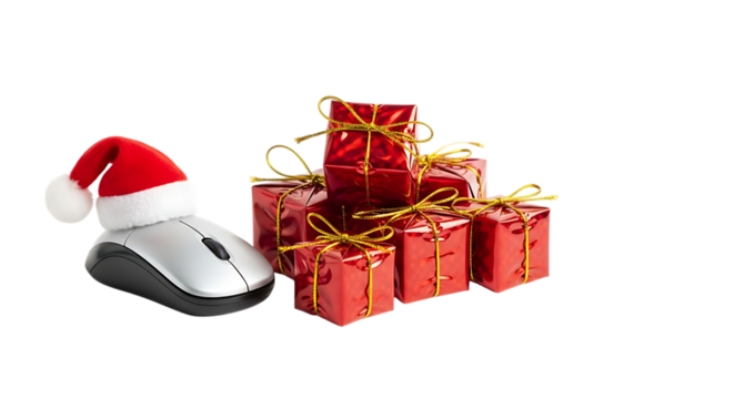 A computer mouse wearing a santa hat sits next to a pile of red gift boxes, isolated on transparent background