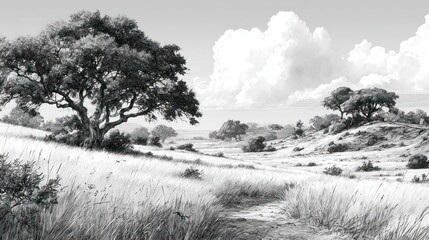 Black and white landscape illustration of trees and grassy terrain